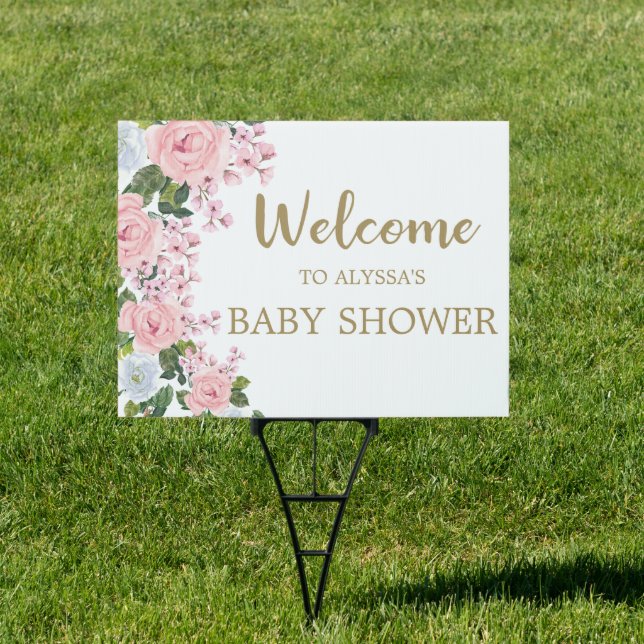 Pink White Floral Baby Shower Welcome Sign (Insitu)