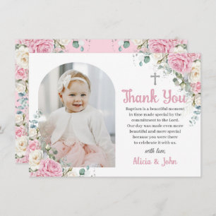 Pink White Floral Baptism Christening Arch Photo Thank You Card
