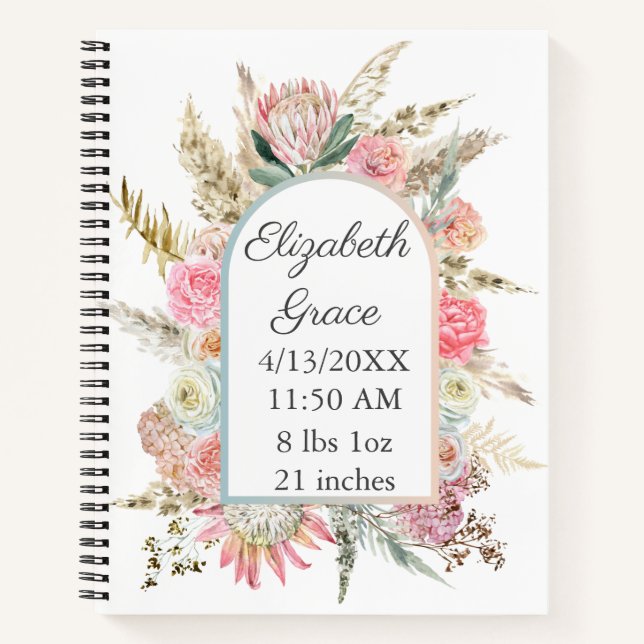 Pink White Floral Birth Stats Personalized Baby Notebook (Front)