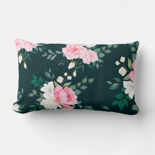 pinkwhite floral black_ground lumbar pillow