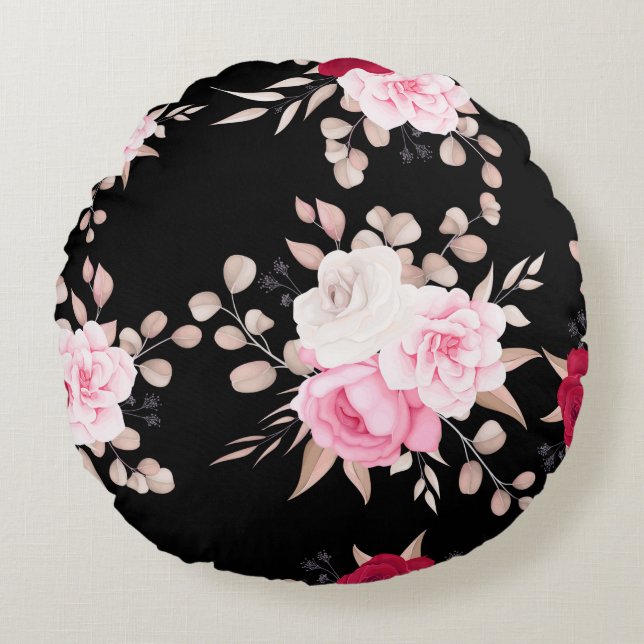 pink,white floral black-ground round pillow (Front)