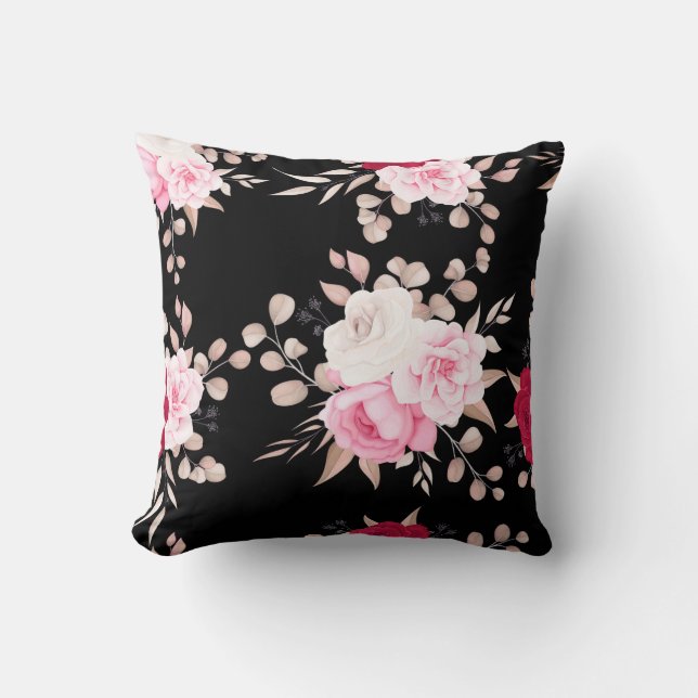 pink,white floral black-ground throw pillow (Front)