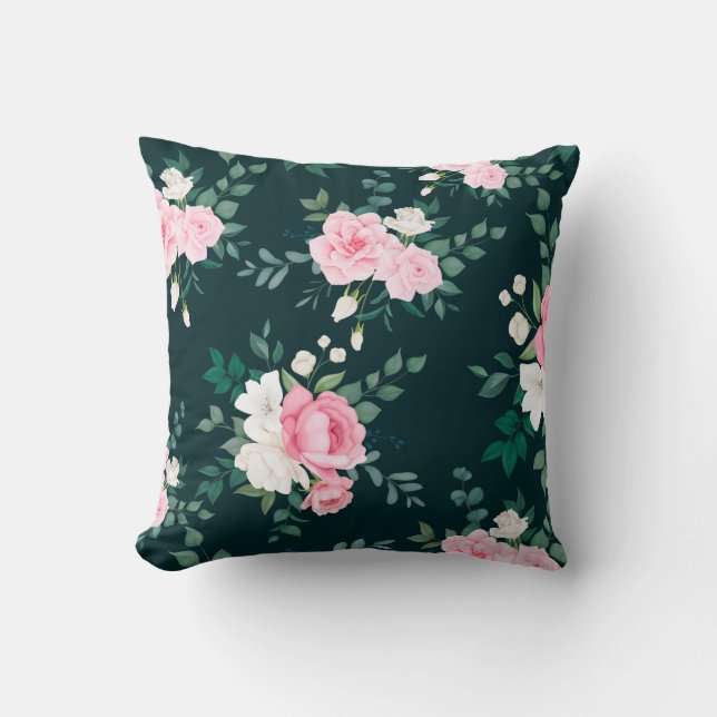 pink,white floral black-ground throw pillow (Front)