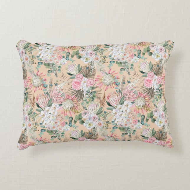 Pink White Floral Boho Eucalyptus Trendy Accent Pillow (Front)