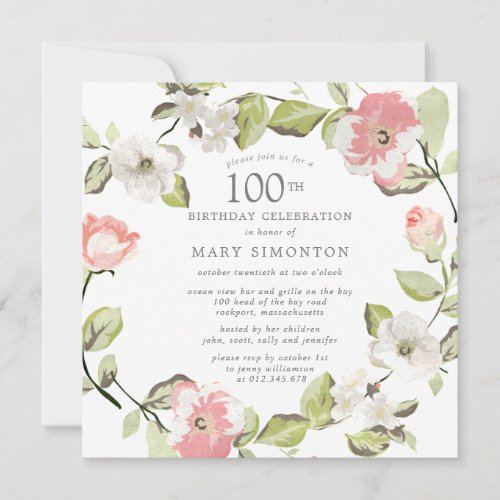 Pink White Floral Botanical 100th Birthday Party Invitation