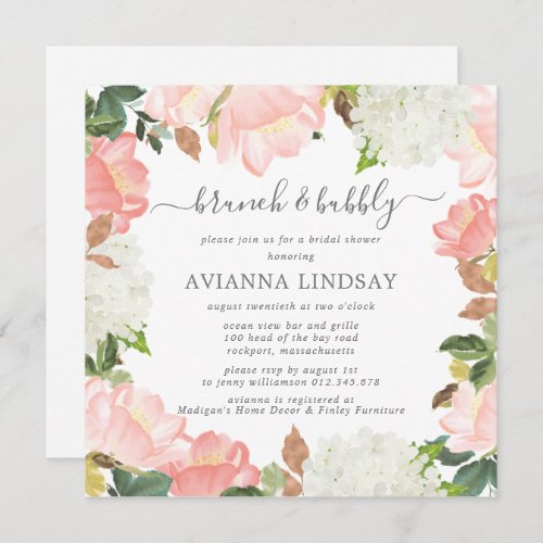 Pink White Floral Botanical Brunch and Bubbly  Inv Invitation