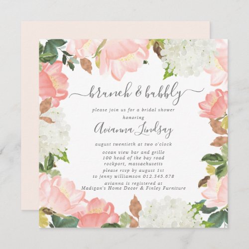Pink White Floral Botanical Brunch and Bubbly Invitation