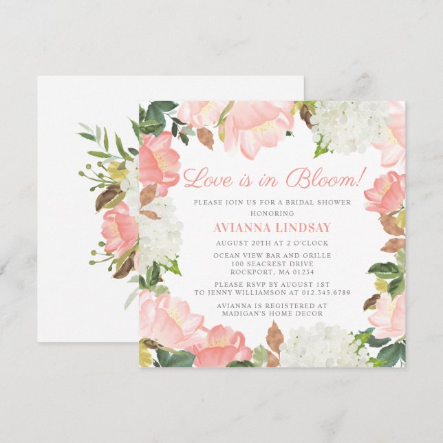 Pink White Floral Botanical Love is in Bloom Invitation (Front/Back)