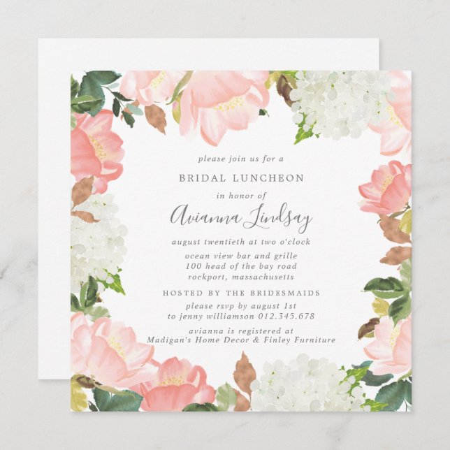 Pink White Floral Botanical Pretty Bridal Luncheon Invitation (Front/Back)