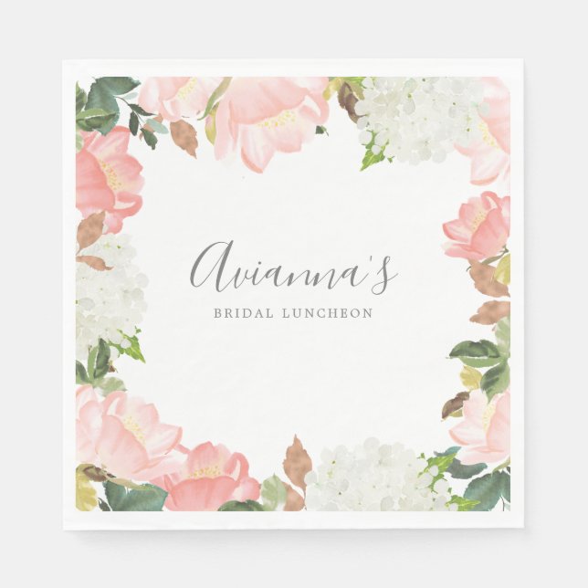 Pink White Floral Botanical Pretty Bridal Luncheon Napkins (Front)