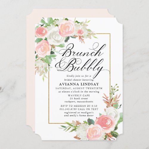 Pink White Floral Bridal Brunch Bubbly Shower Invitation