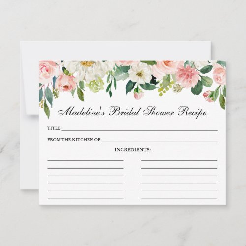 Pink White Floral Bridal Shower Recipe Card