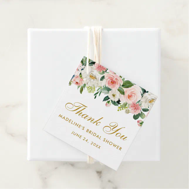 Pink White Floral Bridal Shower Thank You Gold Favor Tags | Zazzle