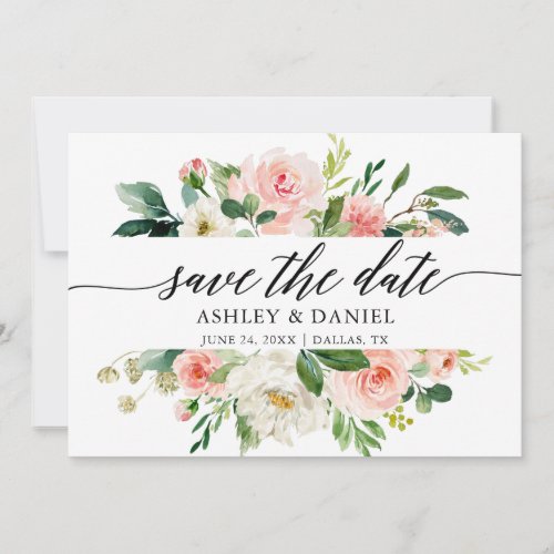 Pink White Floral Calligraphy Save The Date Card