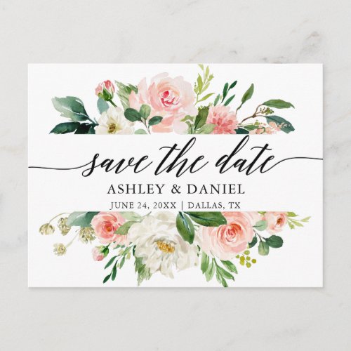 Pink White Floral Calligraphy Save The Date Postcard