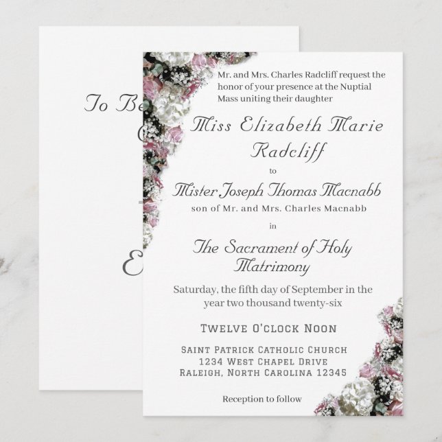 Pink & White Floral Catholic Wedding Invitation (Front/Back)