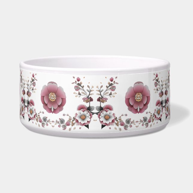 Pink White Floral Ceramic Pet Bowl (Front)