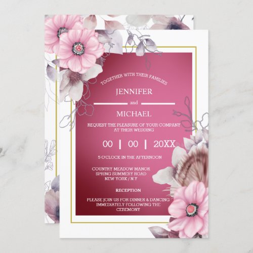 Pink white floral country garden blossoms chic invitation