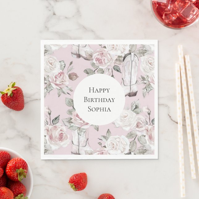 Pink White Floral Cowgirl Boots Birthday  Napkins (Insitu)