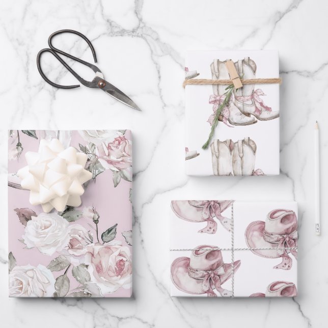 Pink White Floral Cowgirl Boots Birthday  Wrapping Paper Sheets (Front)
