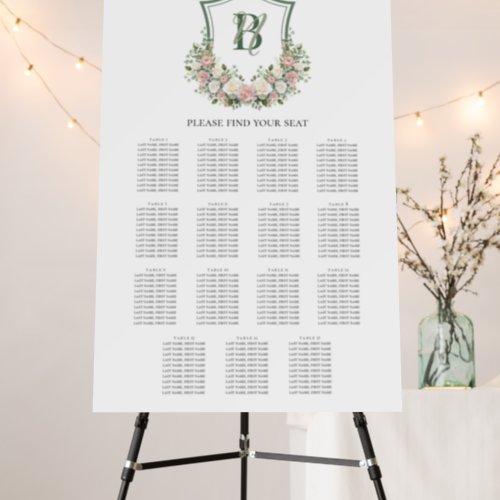 Pink White Floral Crest 15 Table Seating Chart Foam Board