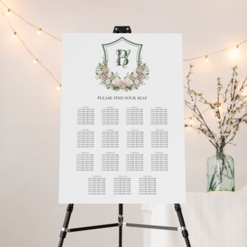 Pink White Floral Crest 15 Table Seating Chart Foam Board