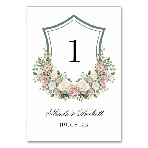 Pink White Floral Crest Wedding Table Number