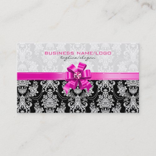 Pink &amp; White Floral Damasks With Pink Bow Business Card Templates