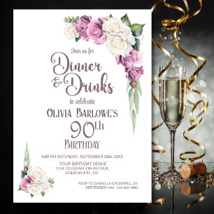 Pink White Floral Dinner and Drinks 90th Birthday Invitation