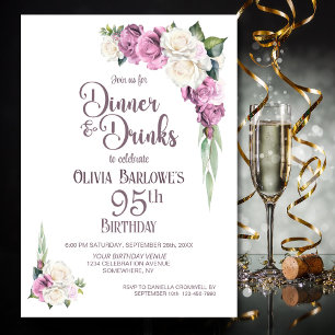 Pink White Floral Dinner and Drinks 95th Birthday Invitation