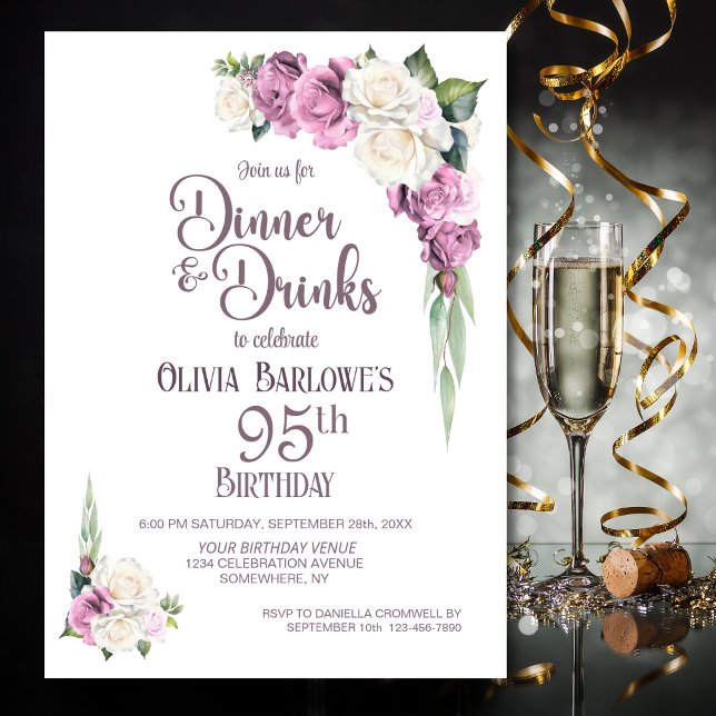 Pink White Floral Dinner and Drinks 95th Birthday Invitation (Creator Uploaded)