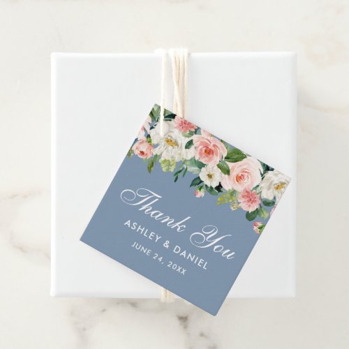 Pink White Floral Dusty Blue Wedding Thank You  Favor Tags