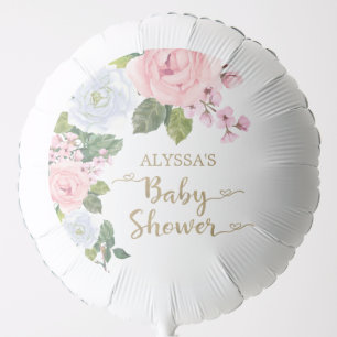Pink White Floral Elegant Script Heart Baby Shower Balloon