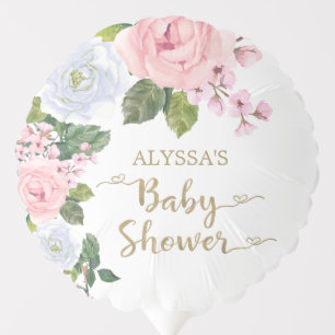Pink White Floral Elegant Script Heart Baby Shower Balloon
