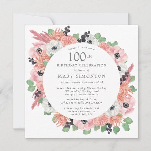 Pink White Floral Eucalyptus 100th Birthday Party Invitation