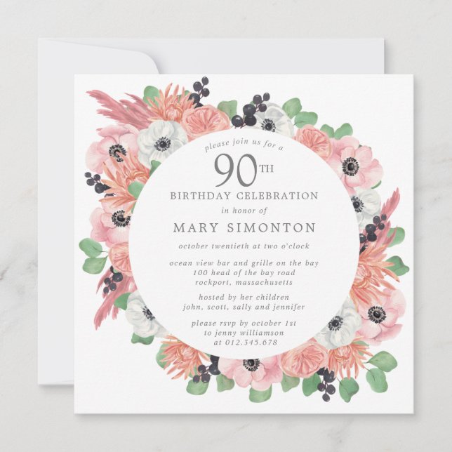 Pink White Floral Eucalyptus 90th Birthday Party Invitation (Front)