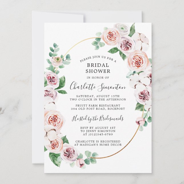 Pink White Floral Eucalyptus Bridal Shower Invitation (Front)