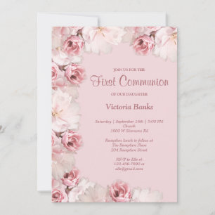 Pink/White Floral First Communion Invitation