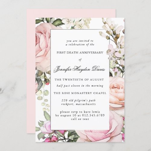 Pink White Floral First Death Anniversary Invitation