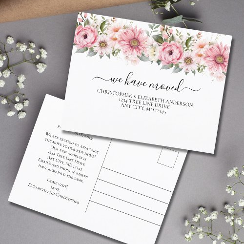 Pink White Floral Flowers Script Moving  Announcement Postcard