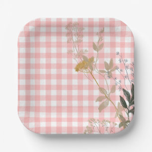 Pink White Floral Gingham Plaid Country Farmhouse Paper Plates