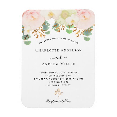 Pink white floral gold greenery wedding magnet