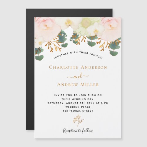 Pink white floral gold greenery wedding magnetic invitation