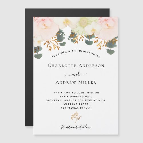 Pink white floral gold greenery wedding magnetic invitation