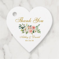 Pink White Floral Gold Wedding Thank You Heart Favor Tags