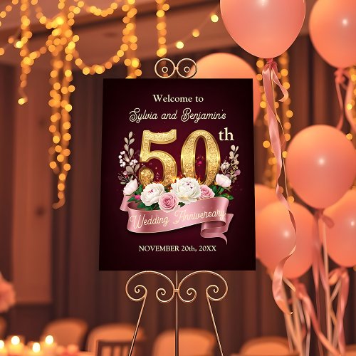 Pink White Floral Golden 50th Wedding Anniversary
