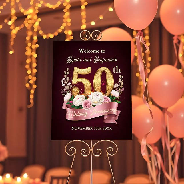 Pink White Floral Golden 50th Wedding Anniversary Foam Board (Creator Uploaded)