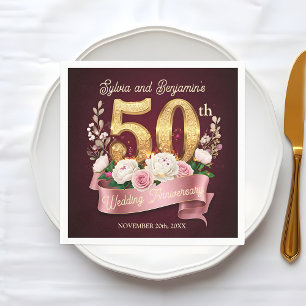 Pink White Floral Golden 50th Wedding Anniversary Napkins