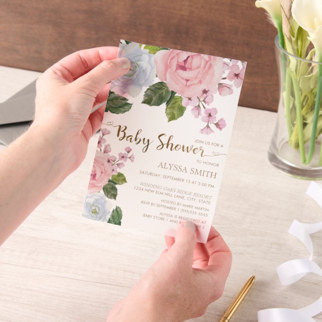 Pink White Floral Greenery Baby Girl  Vellum Invitations (Handheld)