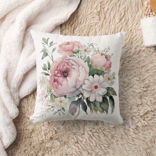 Pink White Floral Greenery Peonies Flowers Throw Pillow